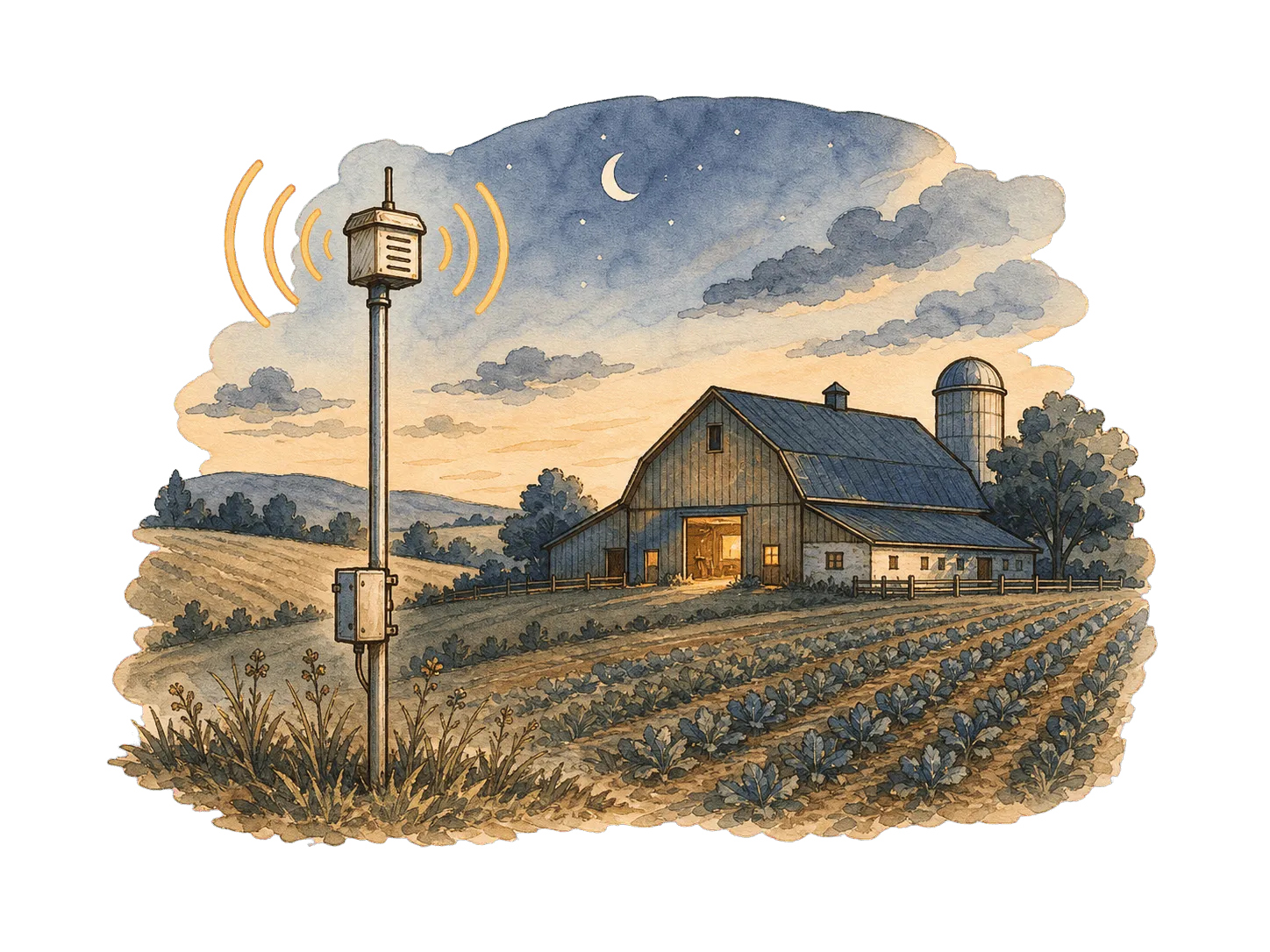 Bauernhof in der Abenddämmerung mit LoRaWAN-Funksensor am Feld – Illustration