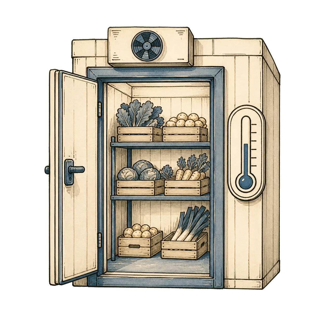 Kühlraum mit Regalen und Thermometer – Illustration